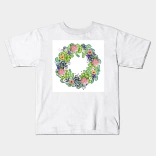 Succulent Watercolor Floral Wreath Kids T-Shirt